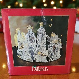 Vintage Dillard's clear Nativity Set with Gold tone Accents on mirror base